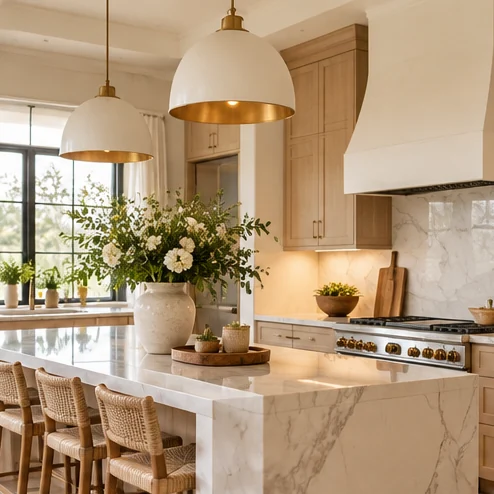 Warm, sunlit kitchen with natural finishes